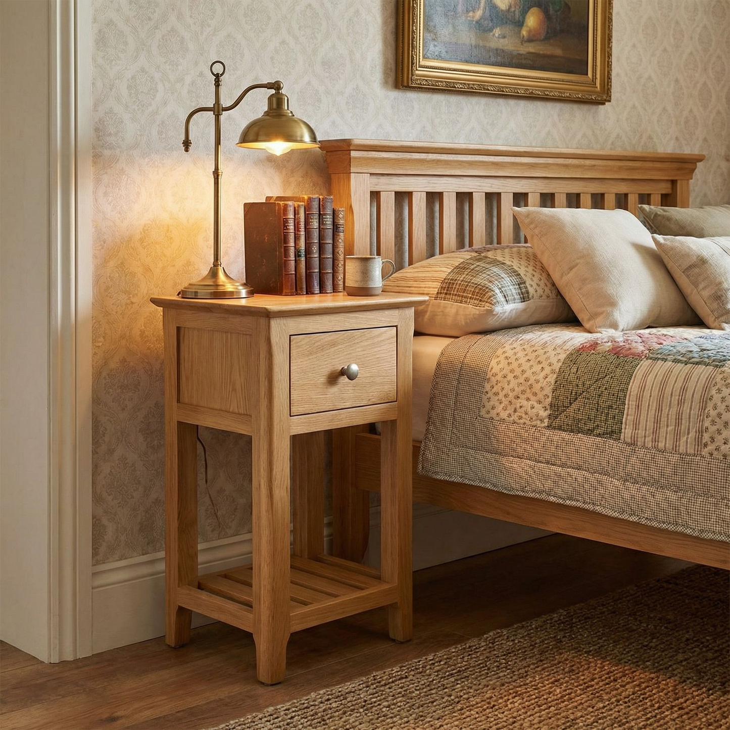 Taberno Oak 1 Drawer Slim Bedside – Solid Oak with Natural Lacquer Finish