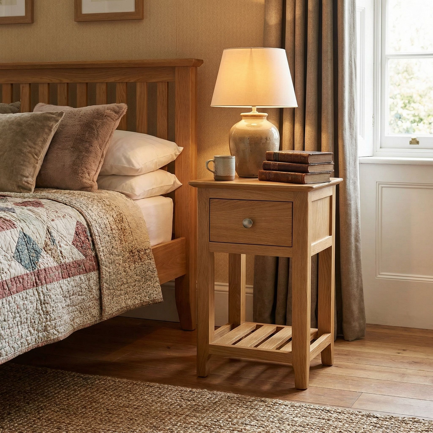 Taberno Oak 1 Drawer Slim Bedside – Solid Oak with Natural Lacquer Finish