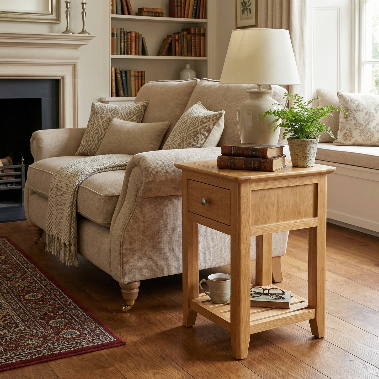 Taberno Oak 1 Drawer Slim Bedside – Solid Oak with Natural Lacquer Finish