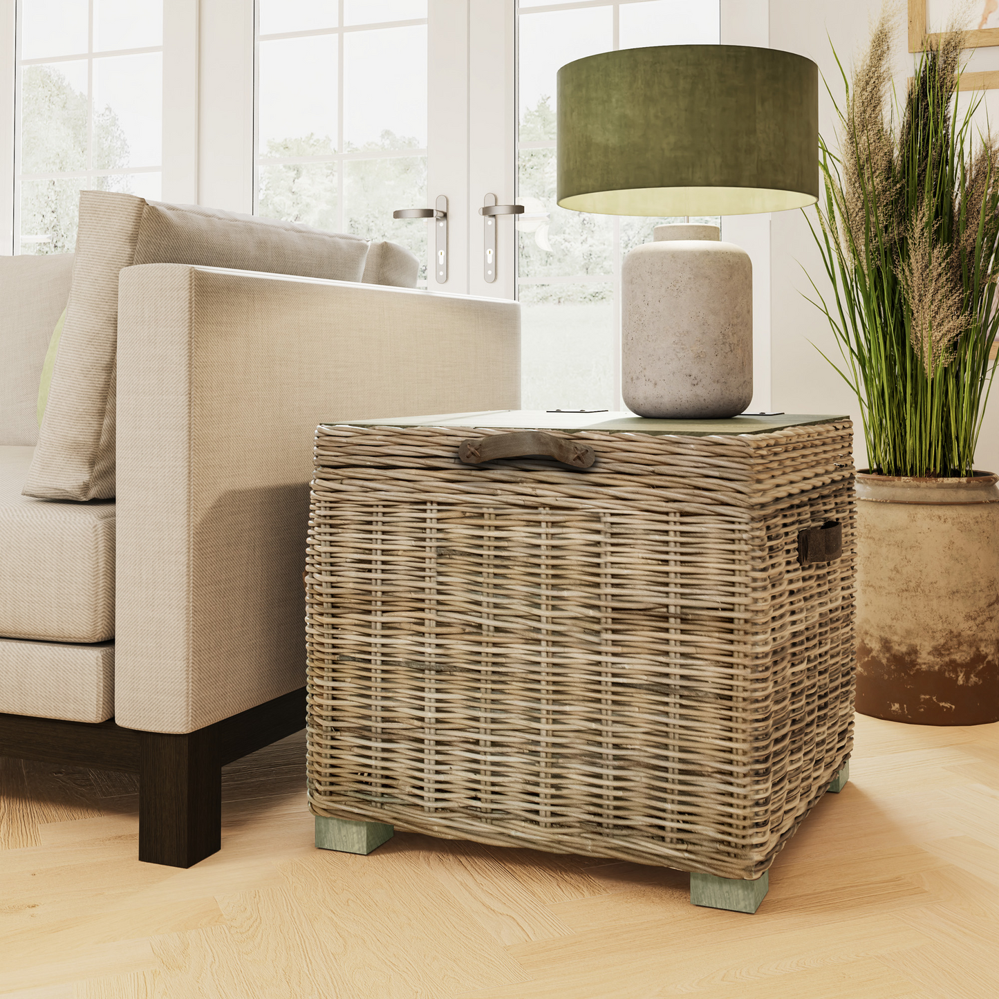 Maya Handmade Kubu Rattan Storage Side Table Limewash – Eco-Friendly & Stylish