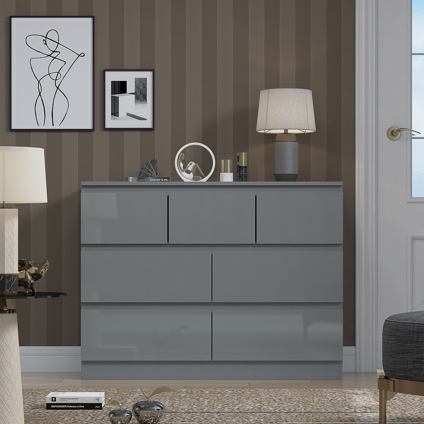 FWStyle Stora 7 Drawer Chest – Grey Gloss Front Storage Cabinet