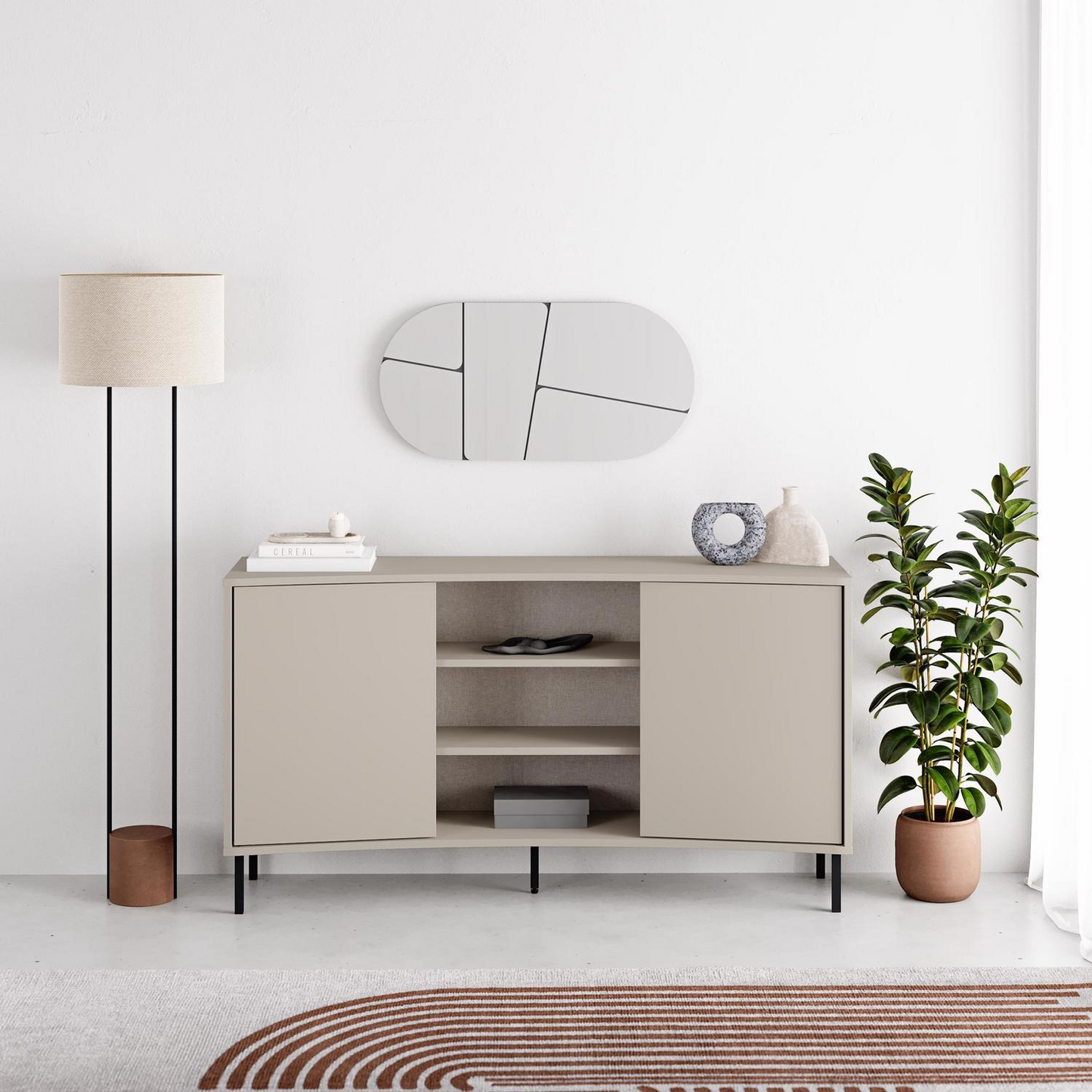 Frem 2 Door Curved Sideboard – Sandstone with Black Metal Legs