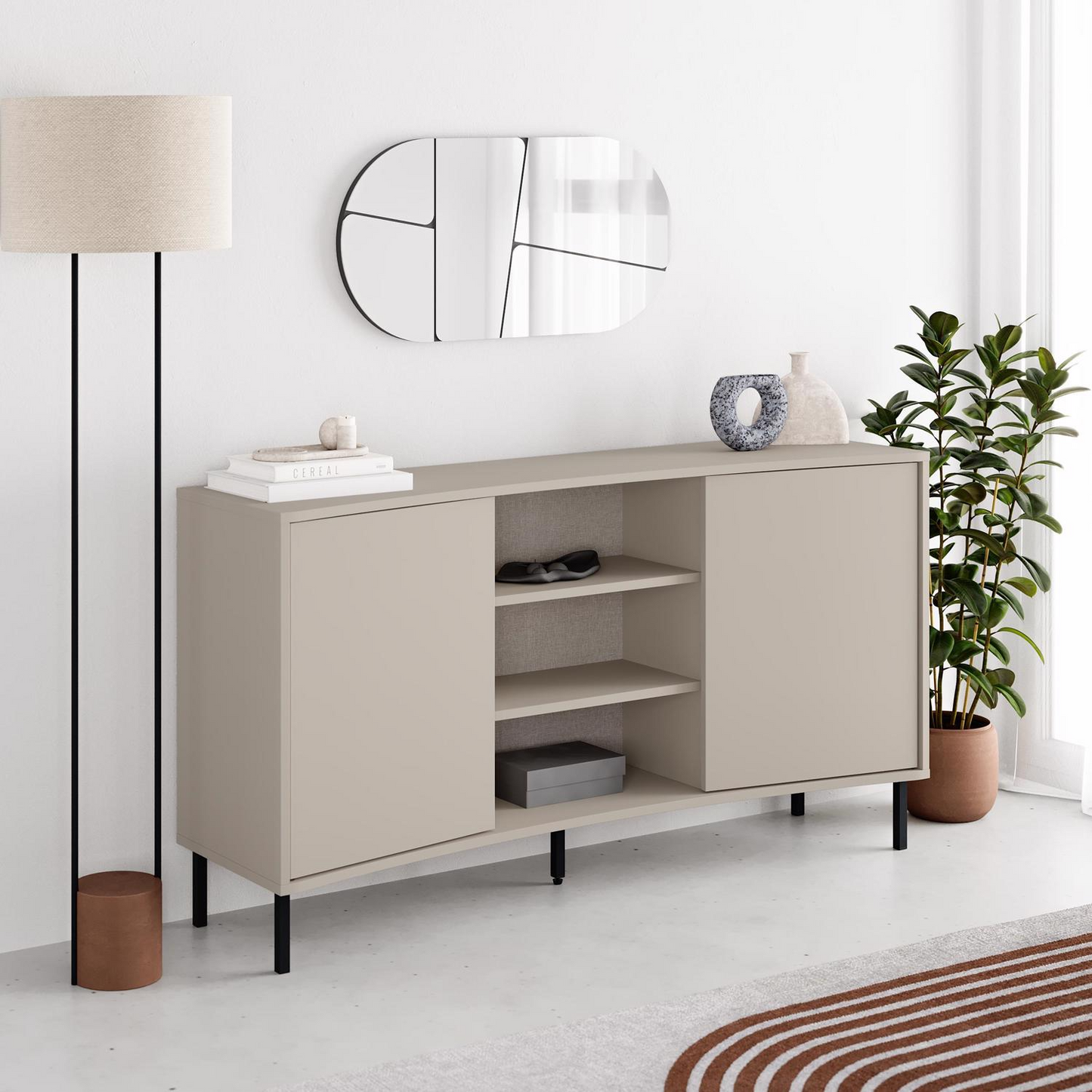 Frem 2 Door Curved Sideboard – Sandstone with Black Metal Legs