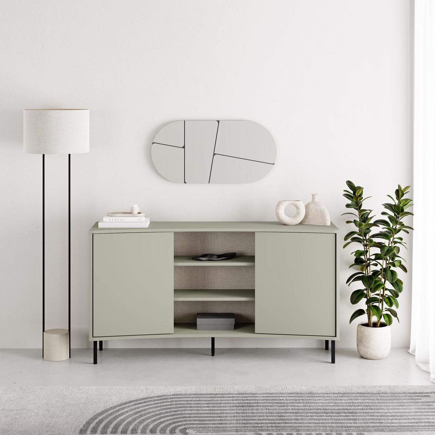 Frem 2 Door Curved Sideboard – Ash Green with Black Metal Legs