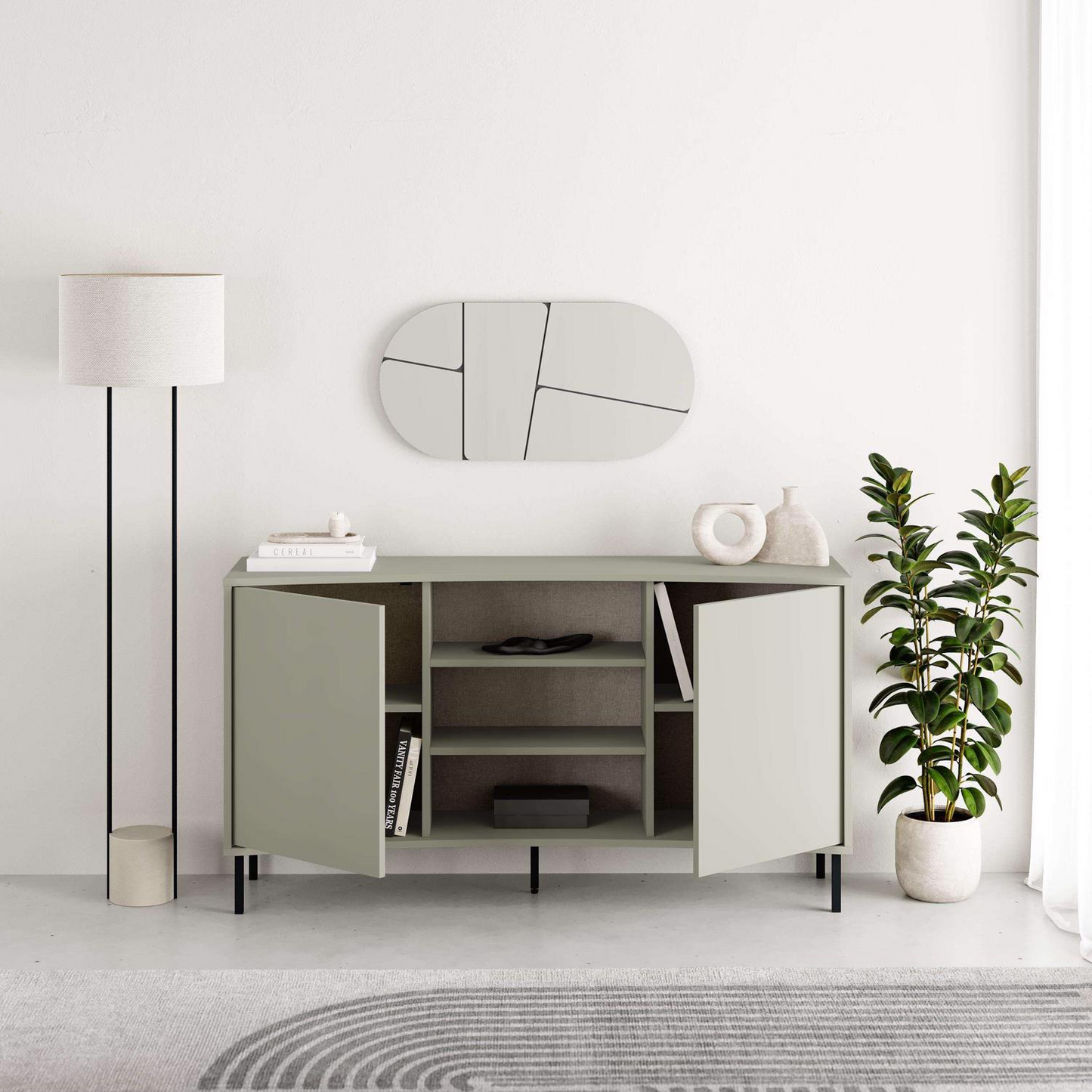 Frem 2 Door Curved Sideboard – Ash Green with Black Metal Legs