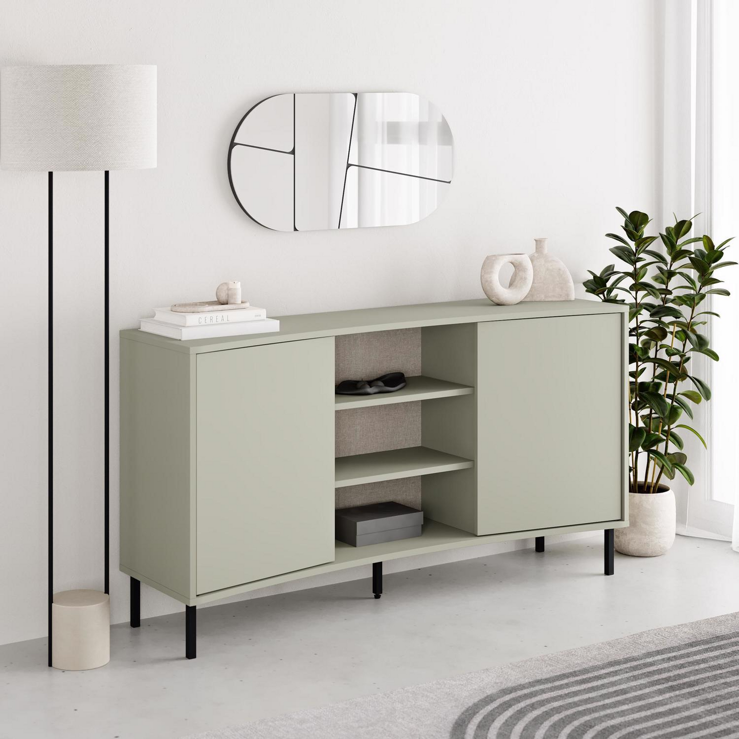 Frem 2 Door Curved Sideboard – Ash Green with Black Metal Legs