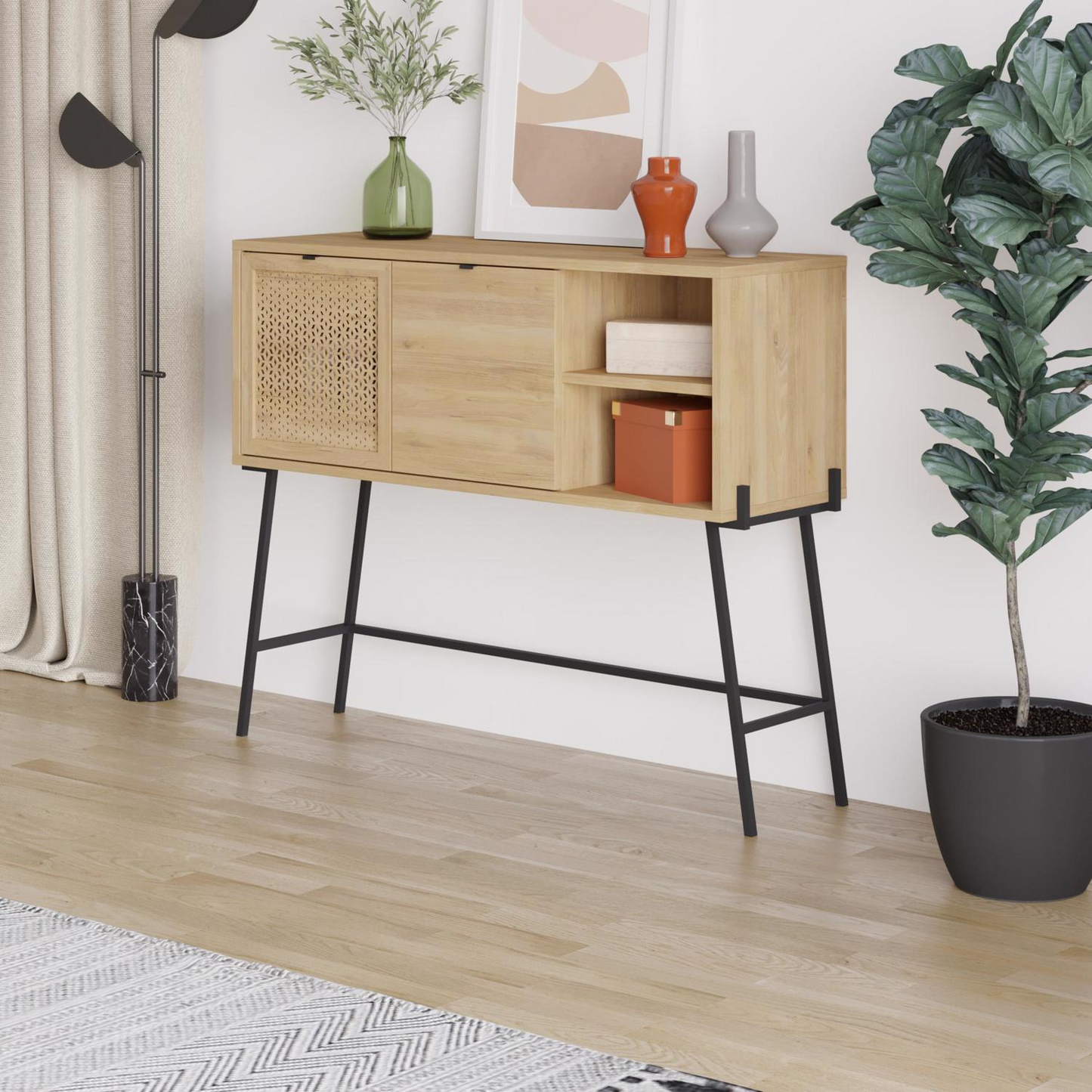 Naive 2 Door 1 Shelf Sideboard – Sapphire Oak with Black Metal Frame