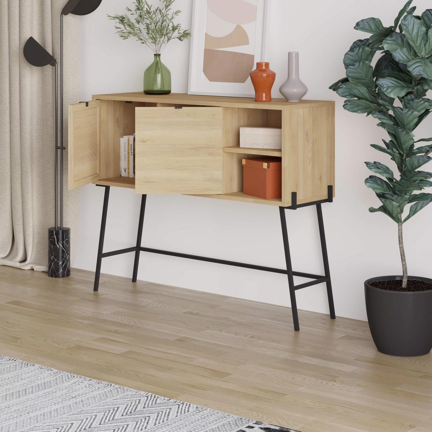 Naive 2 Door 1 Shelf Sideboard – Sapphire Oak with Black Metal Frame