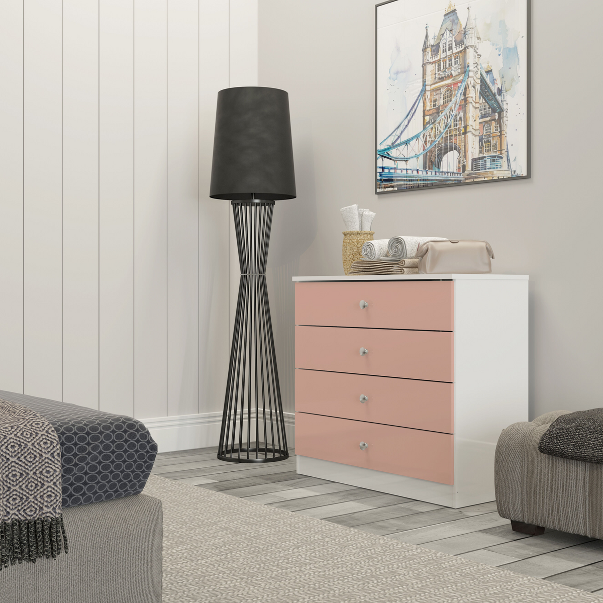 Denver 4 Drawer Chest – White/Pink Gloss, Stylish Bedroom Storage