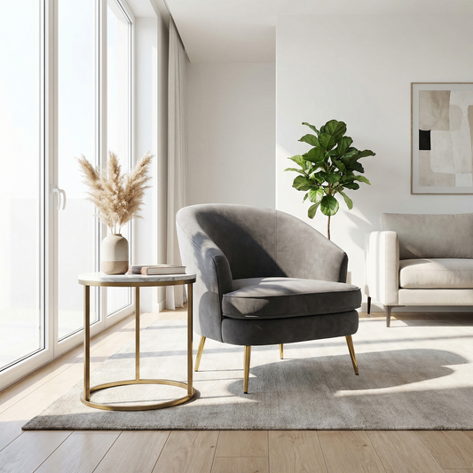 Loretta Grey Velvet Armchair with Gold Metal Legs