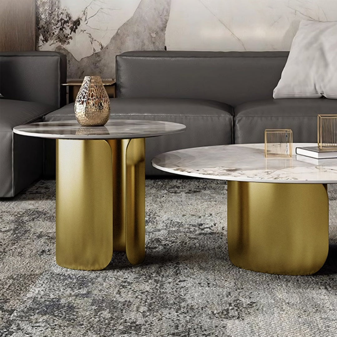 Amina Nesting Coffee Table Set, Gold Base, Sintered Stone