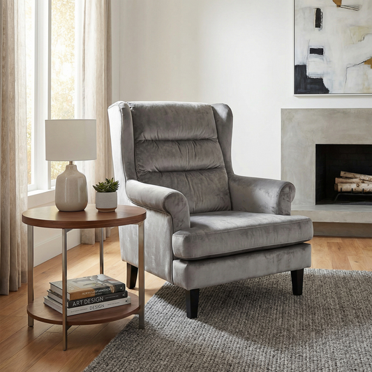 Loretta Grey Velvet Armchair with Ribbed Cushioned Back