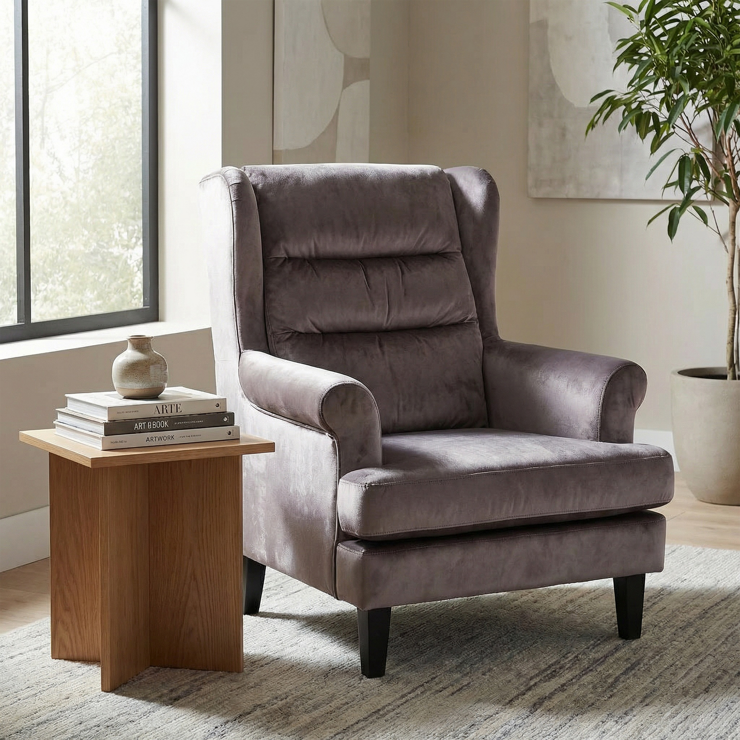 Loretta Mink Velvet Armchair with Ribbed Cushioned Back