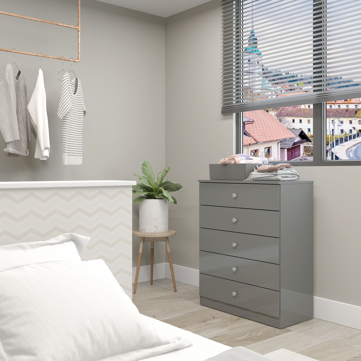 Denver 5 Drawer Chest – Grey Gloss, Modern Bedroom Storage