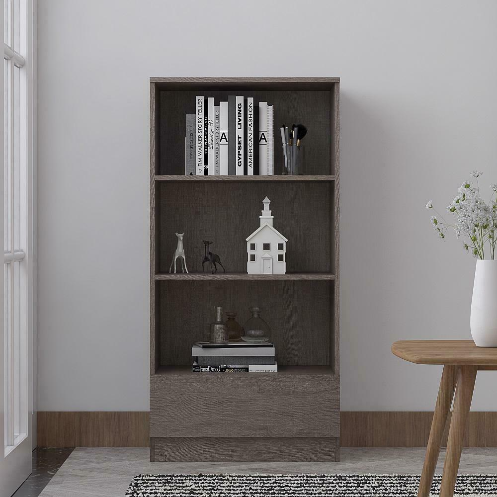 FWStyle Stora 3-Shelf Bookcase with Bottom Drawer – Rustic Oak