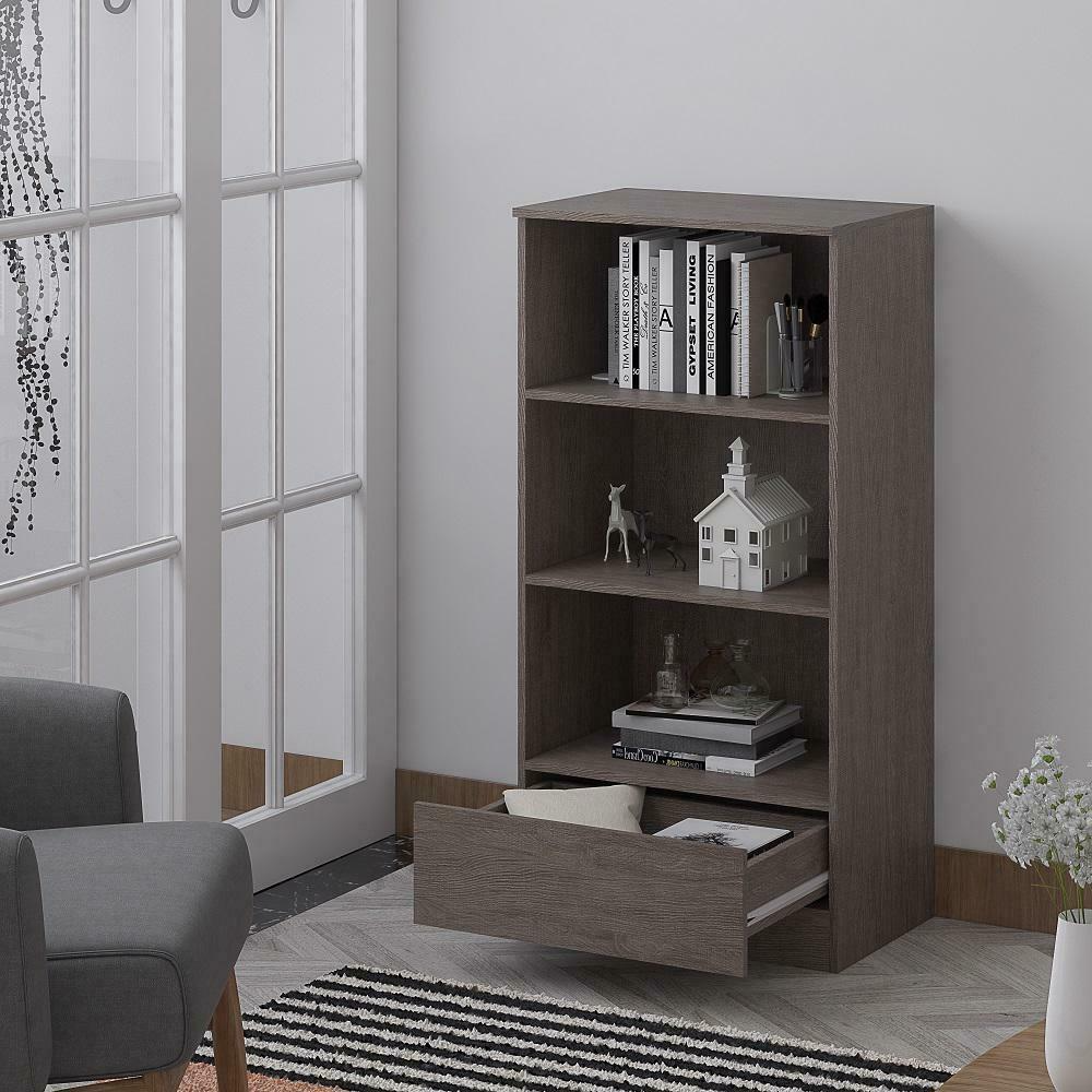 FWStyle Stora 3-Shelf Bookcase with Bottom Drawer – Rustic Oak
