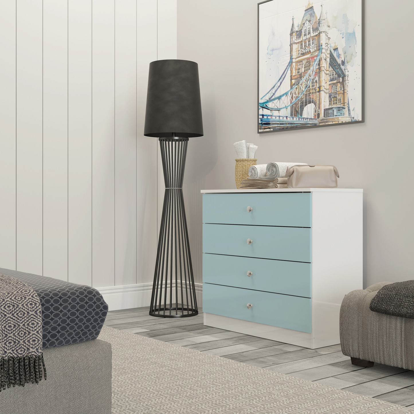 Denver 4 Drawer Chest – White/Blue Gloss, Stylish Storage Solution