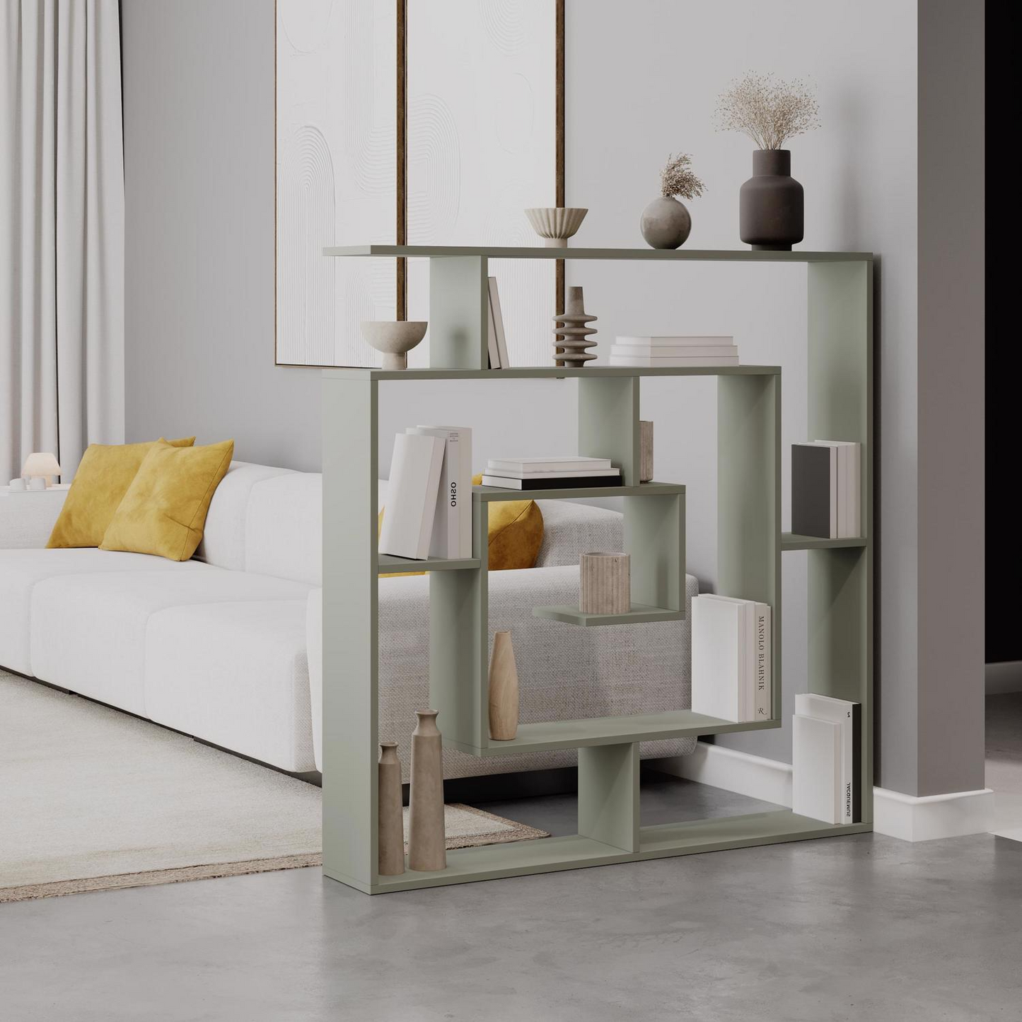 Labirent Modern Ash Green Bookcase Display Unit – 129cm High