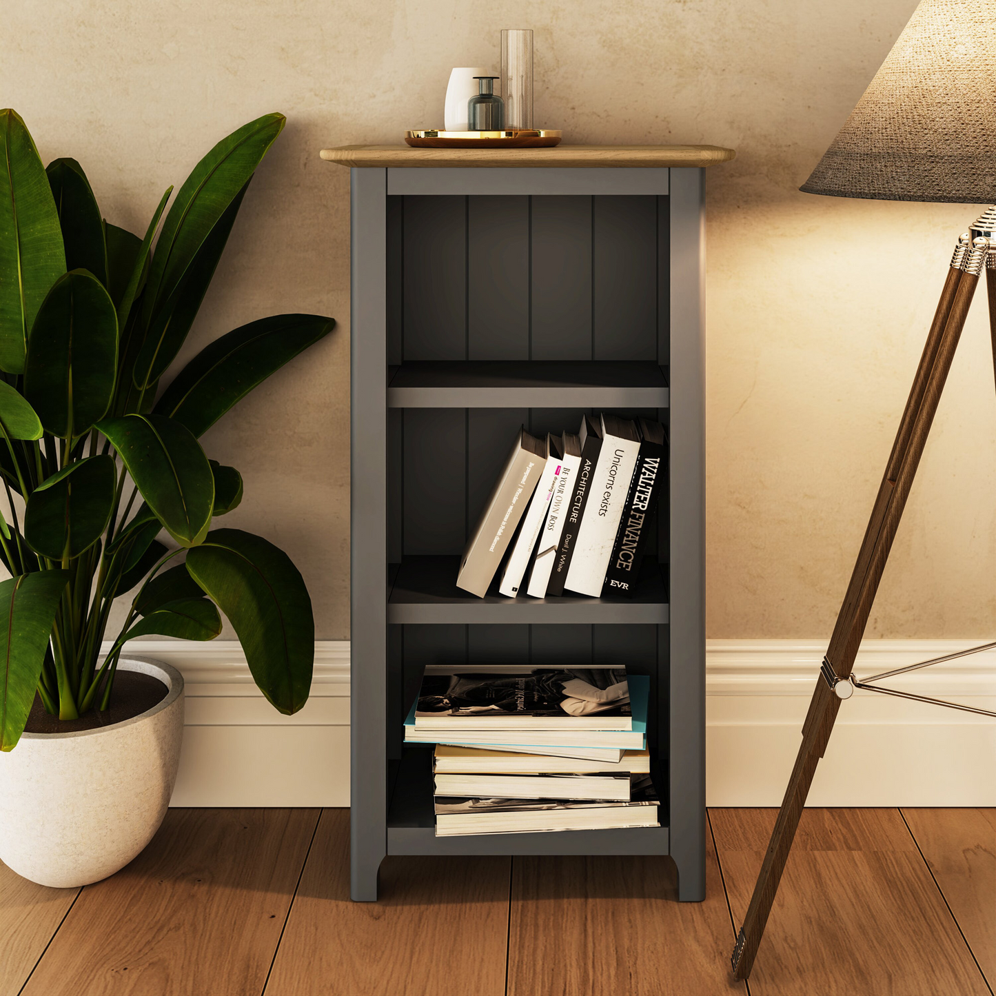 Taberno Oak 3-Tier Bookcase – Graphite Blue