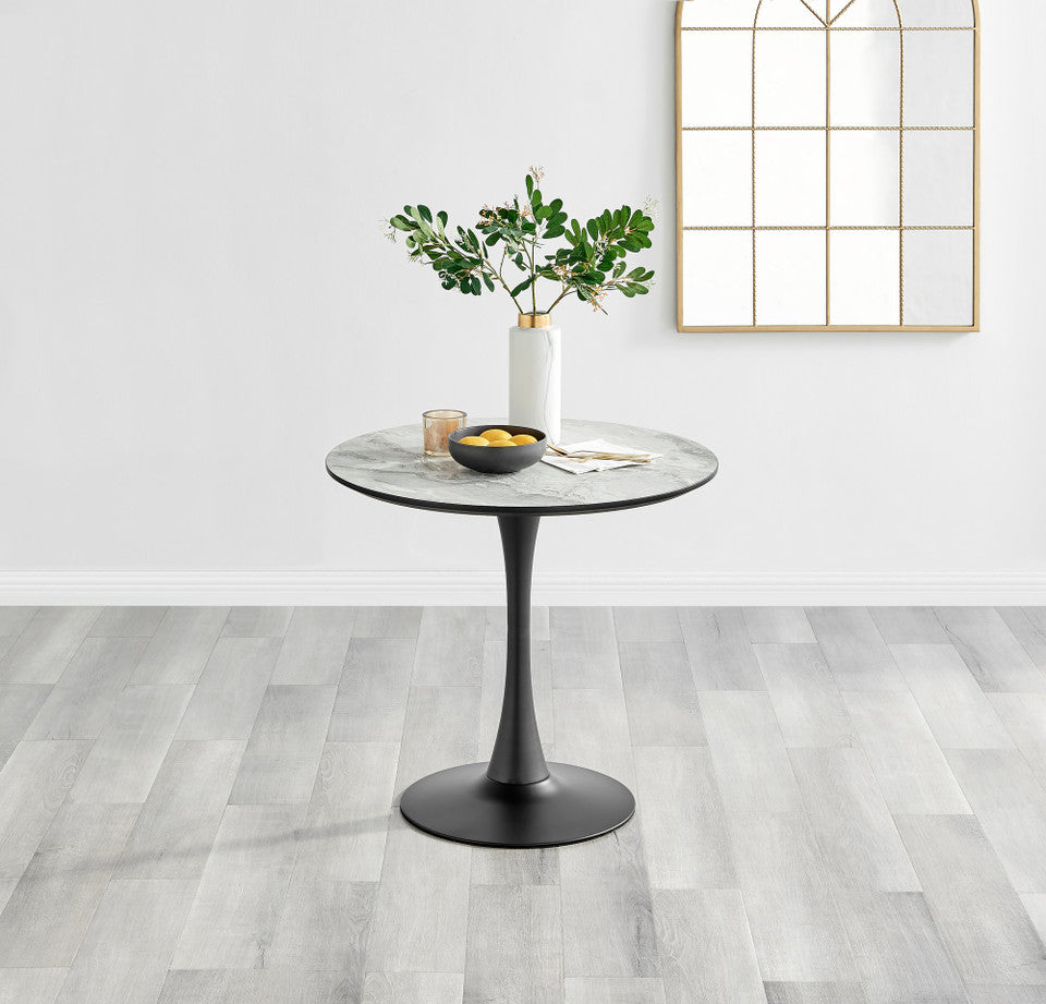 Elina White Marble Effect Round Dining Table & 2 Calla Black Leg Chairs