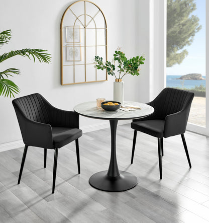 Elina White Marble Effect Round Dining Table & 2 Calla Black Leg Chairs