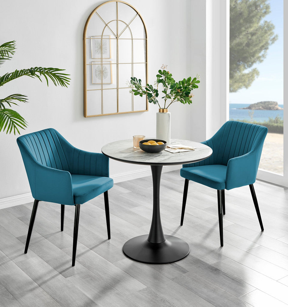 Elina White Marble Effect Round Dining Table & 2 Calla Black Leg Chairs