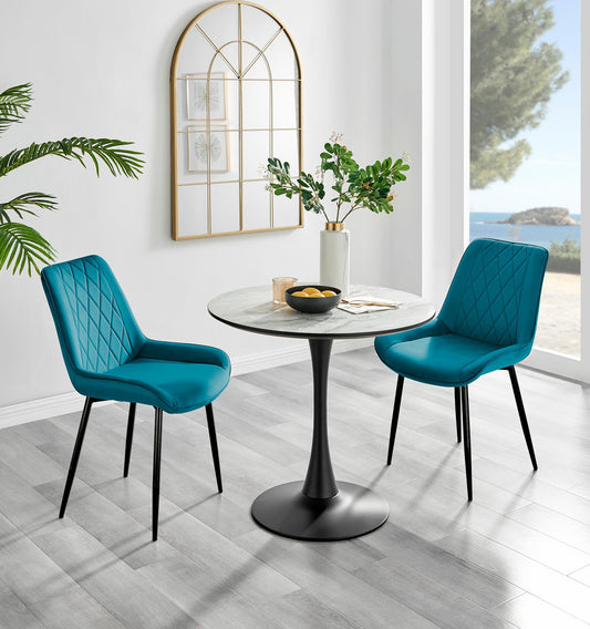 Elina White Marble Effect Round Dining Table & 2 Pesaro Black Leg Chairs