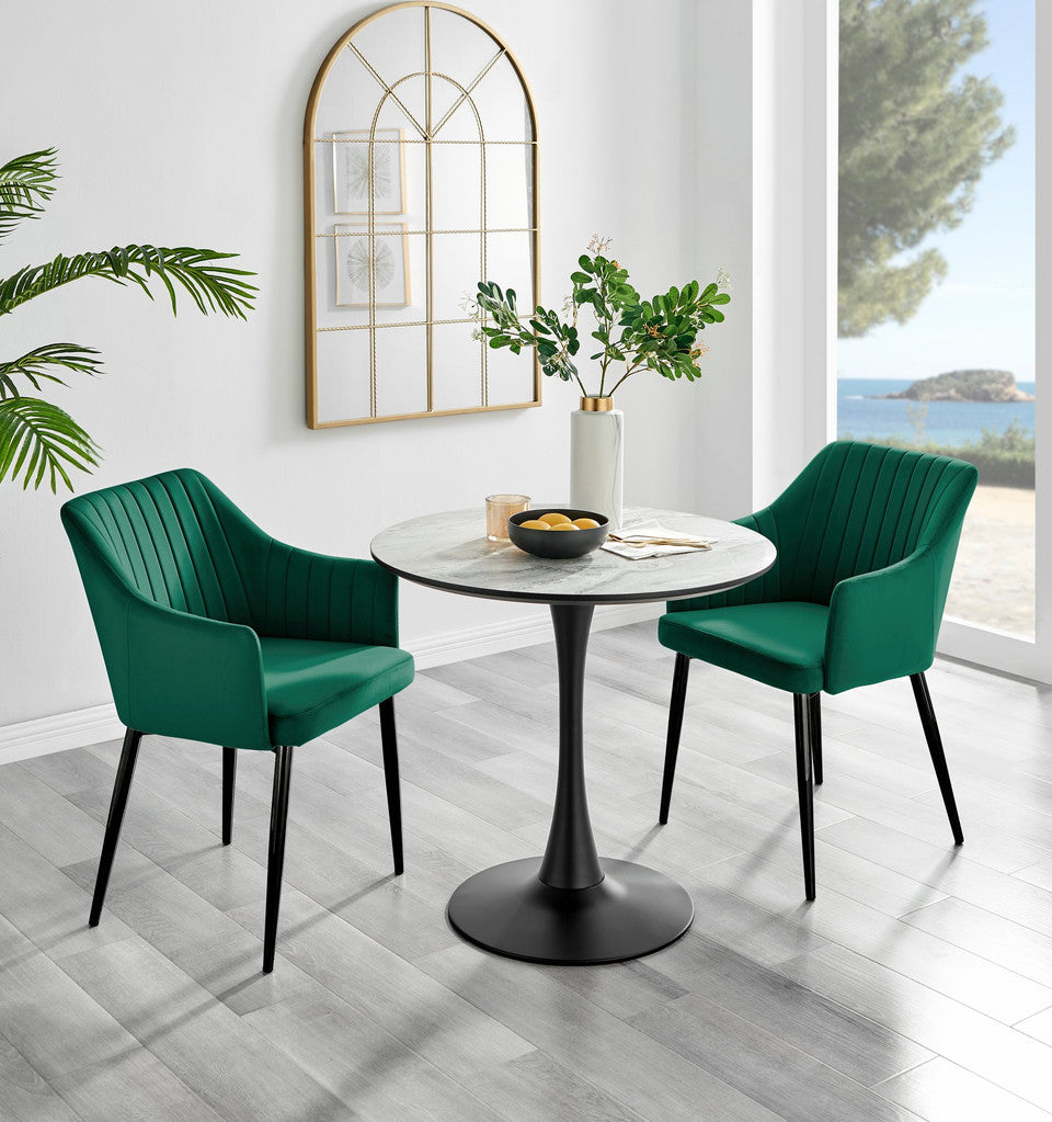 Elina White Marble Effect Round Dining Table & 2 Calla Black Leg Chairs
