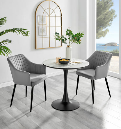 Elina White Marble Effect Round Dining Table & 2 Calla Black Leg Chairs