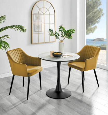Elina White Marble Effect Round Dining Table & 2 Calla Black Leg Chairs