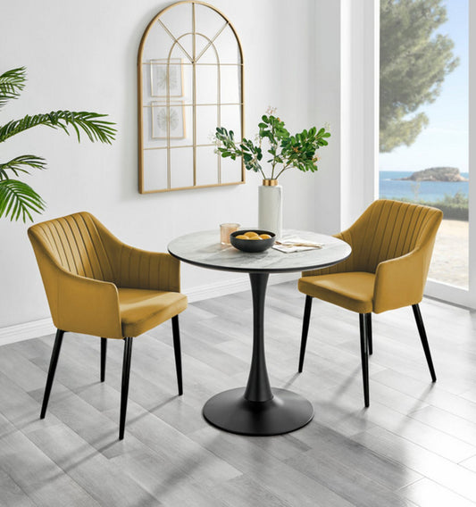 Elina White Marble Effect Round Dining Table & 2 Calla Black Leg Chairs