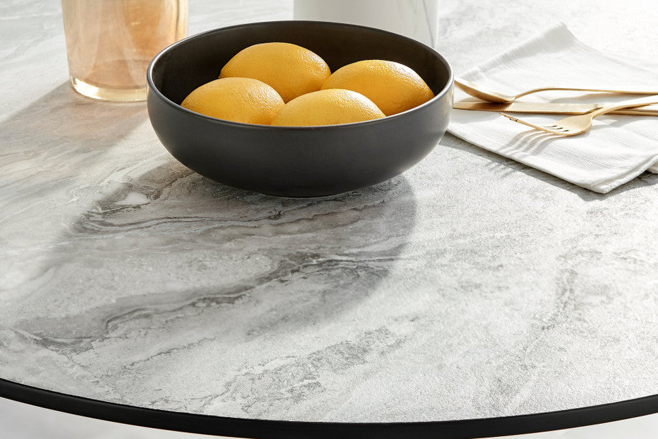 Elina White Marble Effect Round Dining Table & 2 Calla Black Leg Chairs