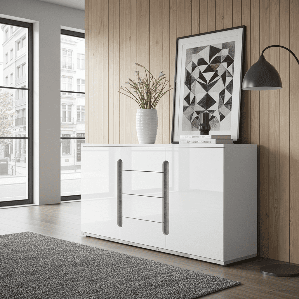 Elise White High Gloss And Grey 2 Door / 4 Drawer Sideboard T46