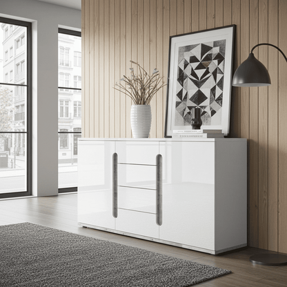 Elise White High Gloss And Grey 2 Door / 4 Drawer Sideboard T46