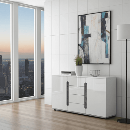 Elise White High Gloss And Grey 2 Door / 4 Drawer Sideboard T46