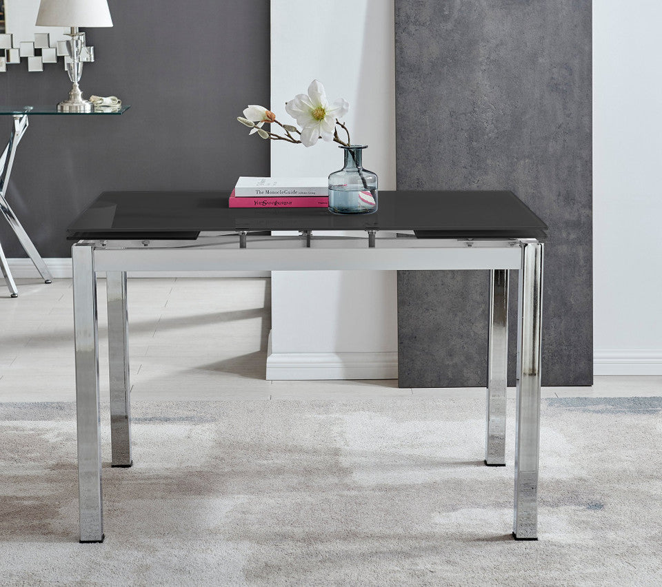 Enna Black Glass Extending Dining Table and 6 Corona Silver Leg Chairs