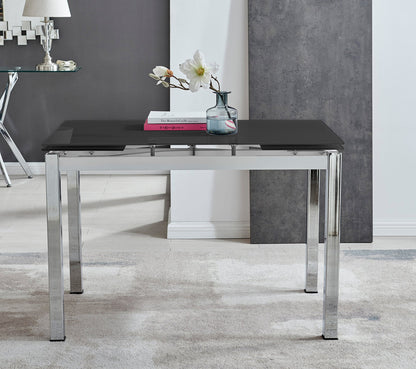 Enna Black Glass Extending Dining Table and 6 Corona Silver Leg Chairs
