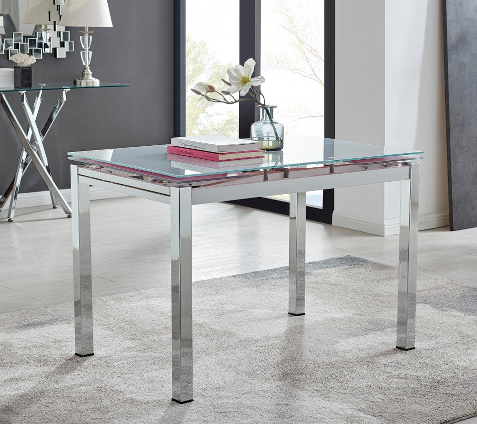 Enna White Glass Extending Dining Table and 6 Corona Silver Leg Chairs