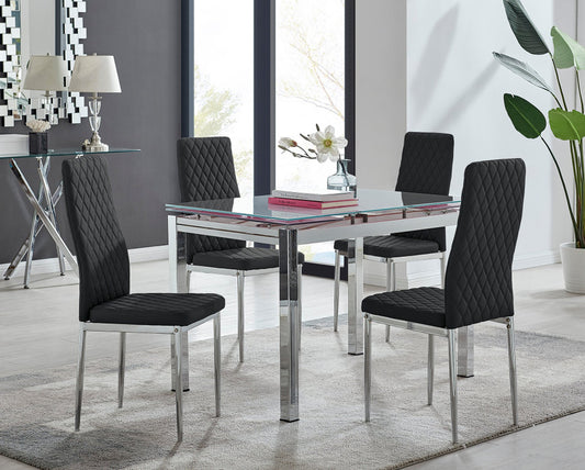 Enna White Glass Extending Dining Table and 4 Milan Chairs