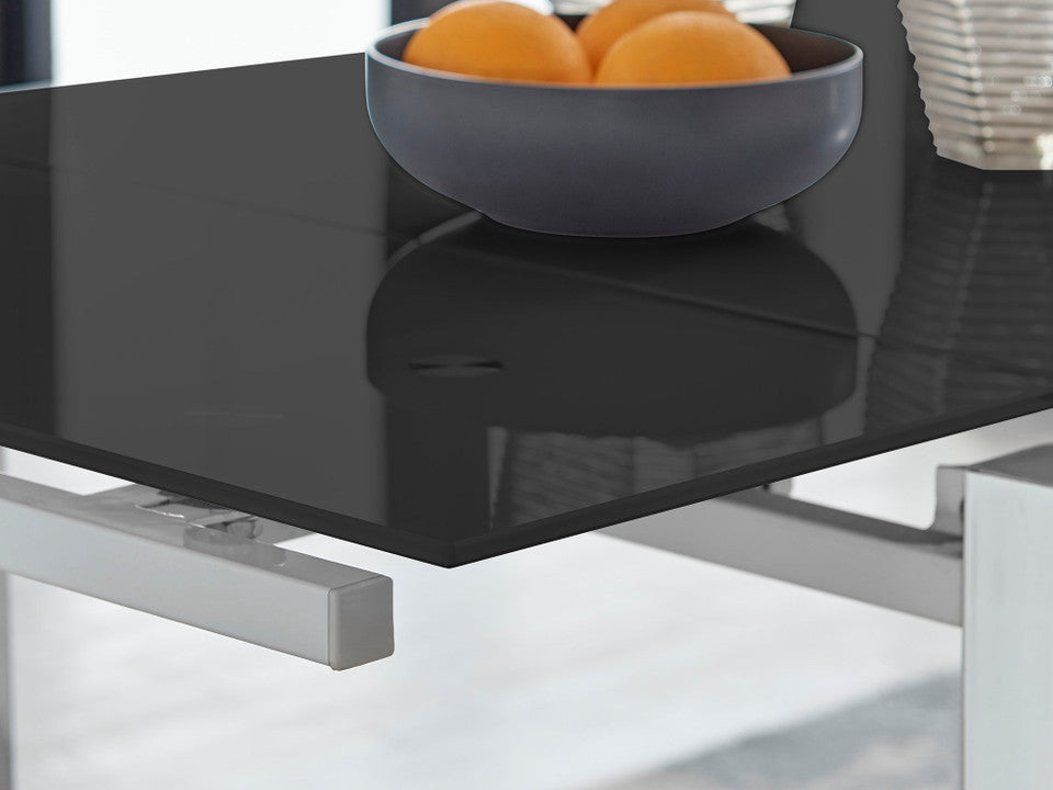 Enna Black Glass Extending Dining Table and 6 Corona Silver Leg Chairs