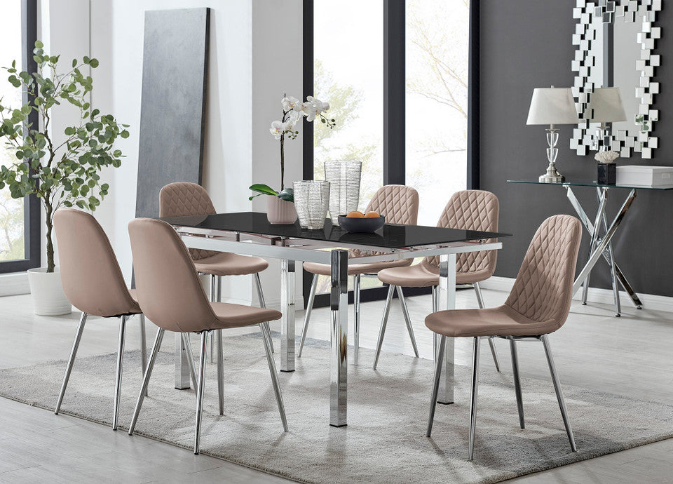 Enna Black Glass Extending Dining Table and 6 Corona Silver Leg Chairs