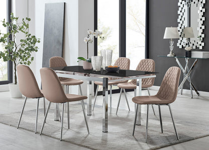 Enna Black Glass Extending Dining Table and 6 Corona Silver Leg Chairs