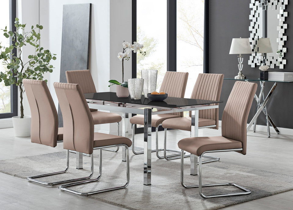 Enna Black Glass Extending Dining Table and 6 Lorenzo Chairs