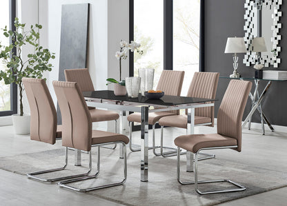 Enna Black Glass Extending Dining Table and 6 Lorenzo Chairs