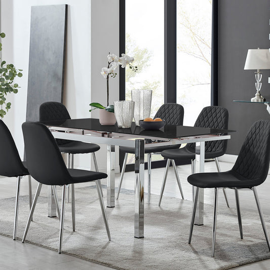 Enna Black Glass Extending Dining Table and 6 Corona Silver Leg Chairs