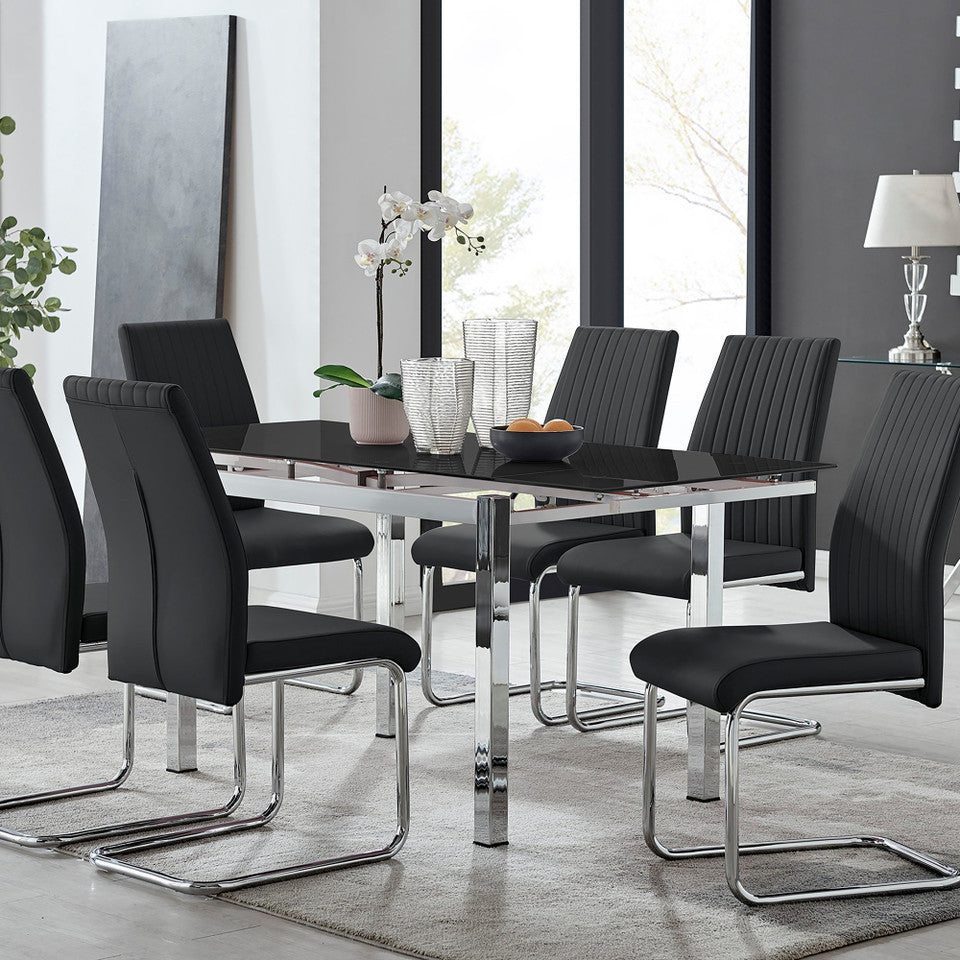 Enna Black Glass Extending Dining Table and 6 Lorenzo Chairs