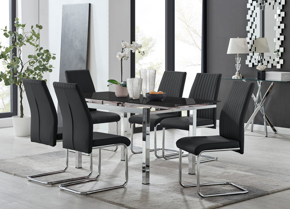 Enna Black Glass Extending Dining Table and 6 Lorenzo Chairs