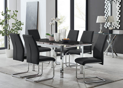 Enna Black Glass Extending Dining Table and 6 Lorenzo Chairs