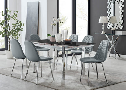 Enna Black Glass Extending Dining Table and 6 Corona Silver Leg Chairs