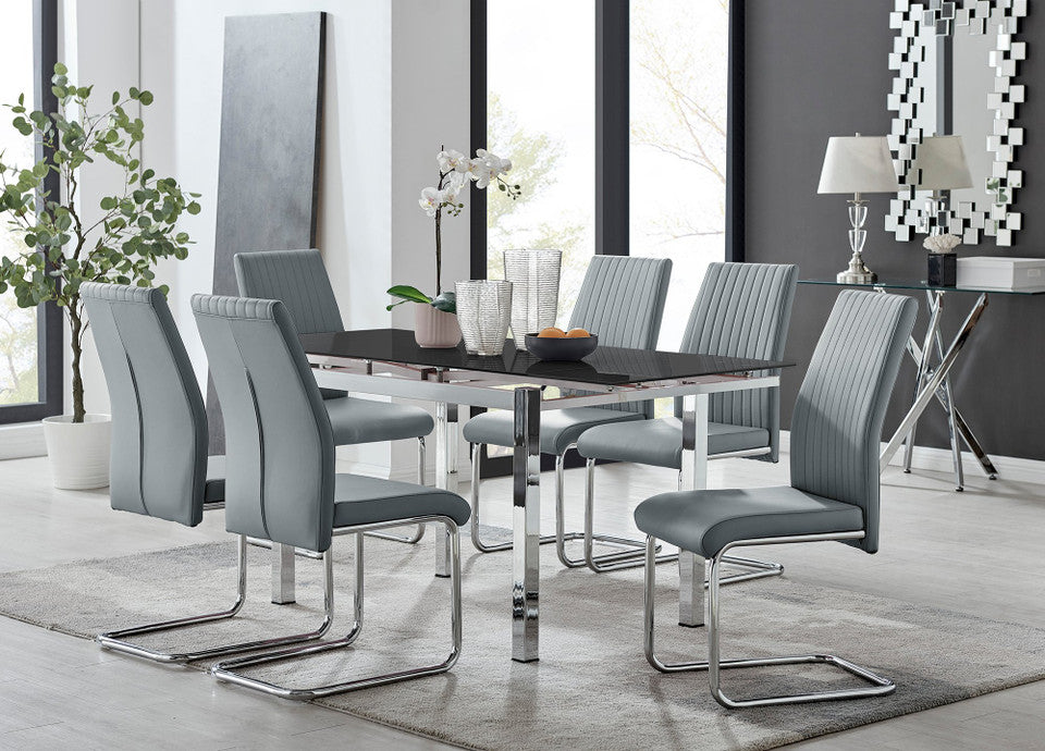Enna Black Glass Extending Dining Table and 6 Lorenzo Chairs